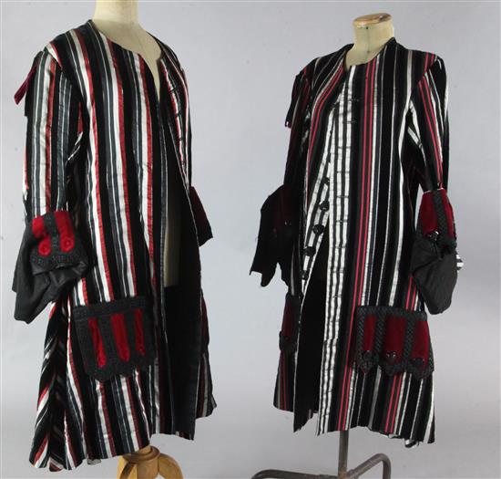 Two stunning silver, black and maroon striped gentlemens frock coats, with large flap pockets and cuffs